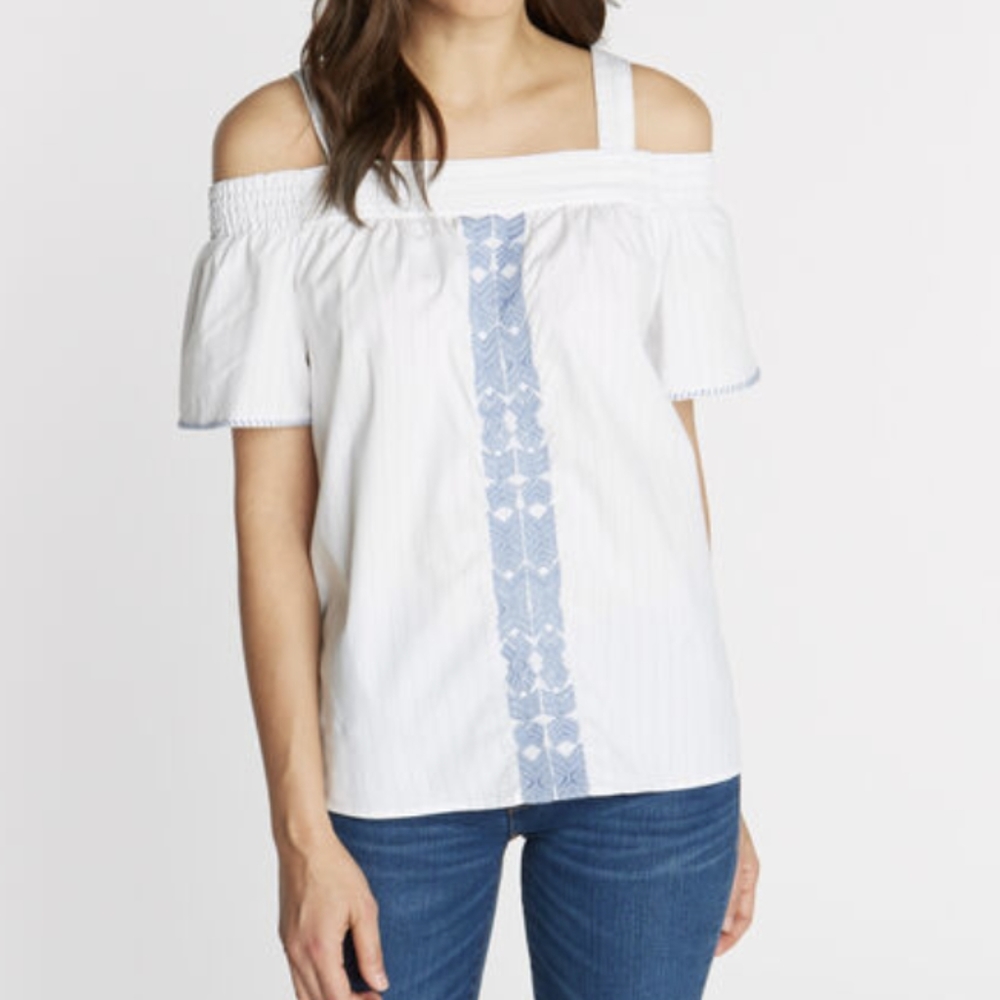 Nautica woman's Blue And White cold shoulder embroidered top size small